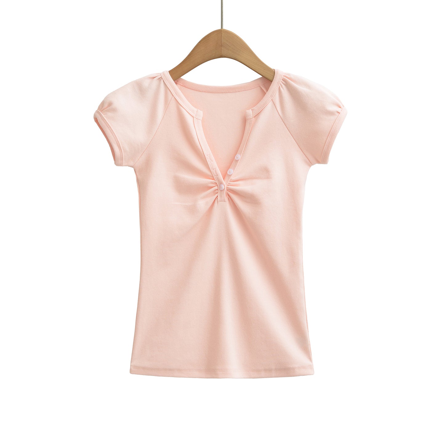 Pink V-neck short sleeve T-shirt styled in casual streetwear aesthetic for women and unisex fashion lovers | TeenStylo