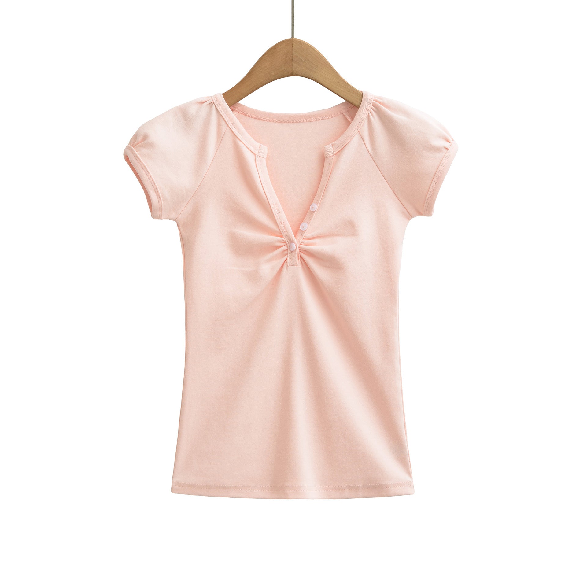 Pink V-neck short sleeve T-shirt styled in casual streetwear aesthetic for women and unisex fashion lovers | TeenStylo