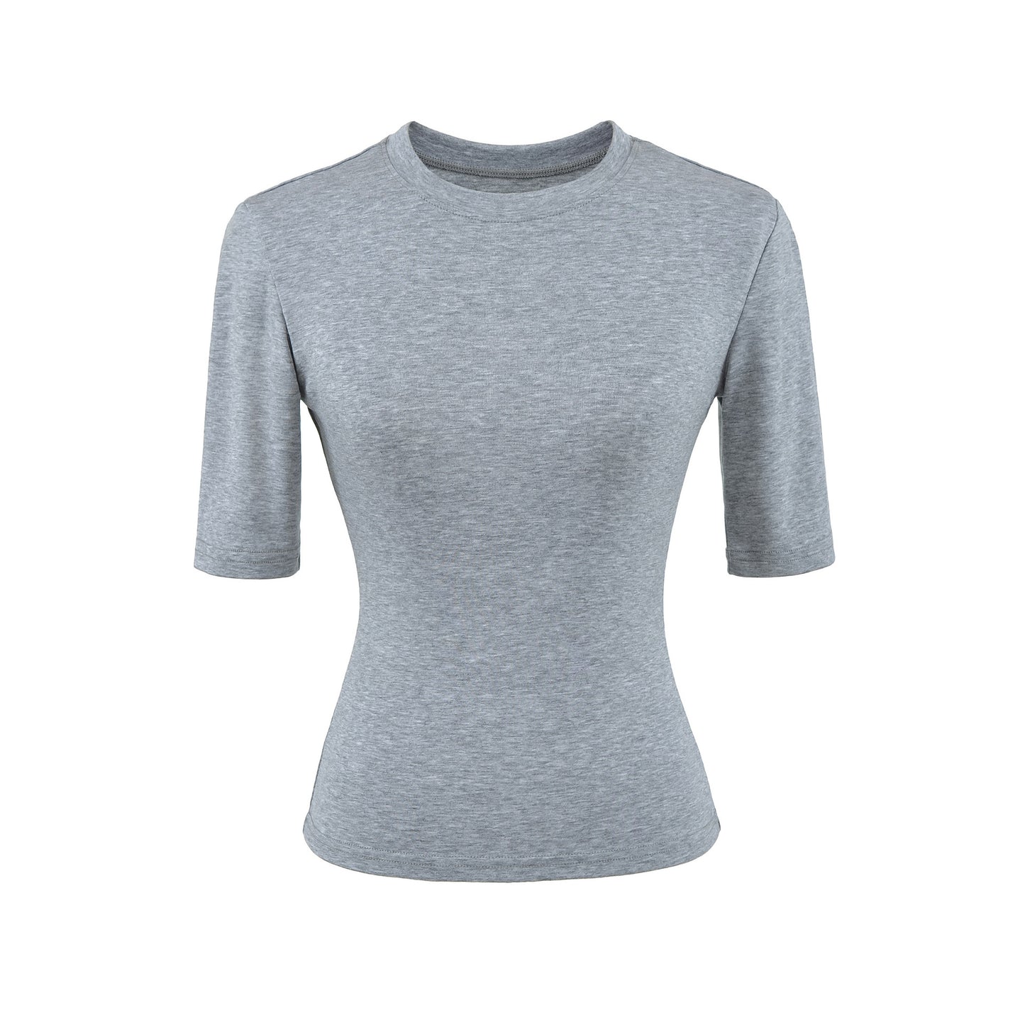 Light gray women's round neck mid sleeve T-shirt lifestyle look – casual streetwear style at TeenStylo