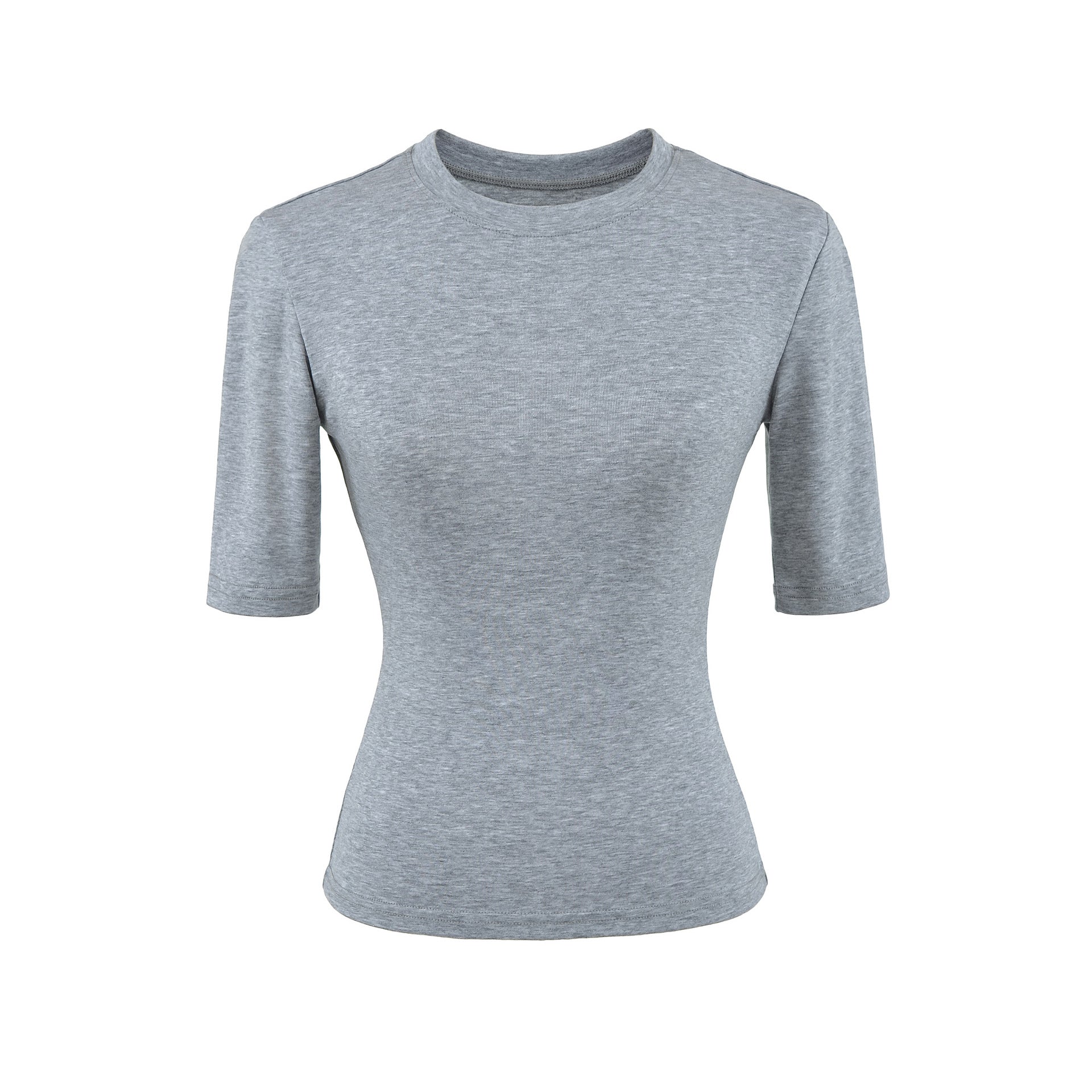 Light gray women's round neck mid sleeve T-shirt lifestyle look – casual streetwear style at TeenStylo