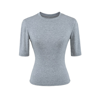 Light gray women's round neck mid sleeve T-shirt lifestyle look – casual streetwear style at TeenStylo