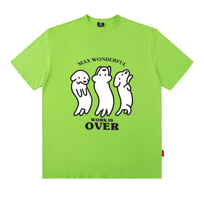 Mens fluorescent green oversized sausage dog print cotton T-shirt summer short sleeve streetwear at TeenStylo