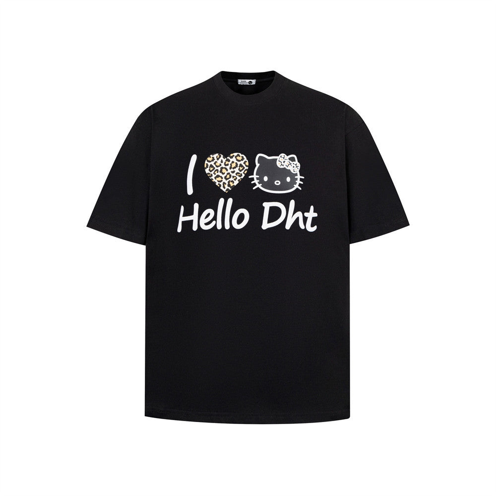 Black cartoon cat print short sleeve t-shirt streetwear style for men, lifestyle view - TeenStylo