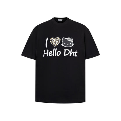 Black cartoon cat print short sleeve t-shirt streetwear style for men, lifestyle view - TeenStylo