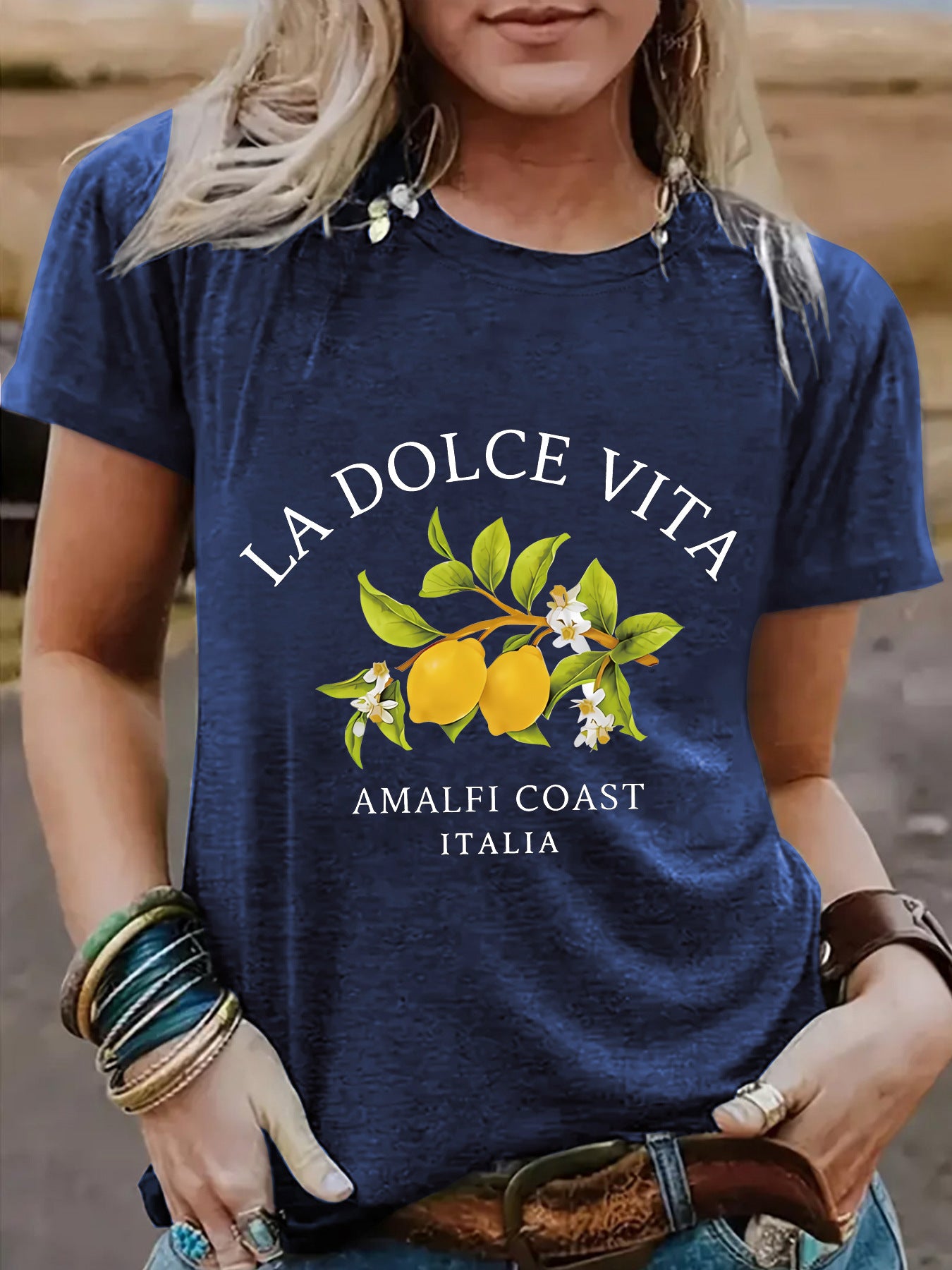 Royal blue La Dolce Vita Lemon unisex women's graphic tee lifestyle shot TeenStylo