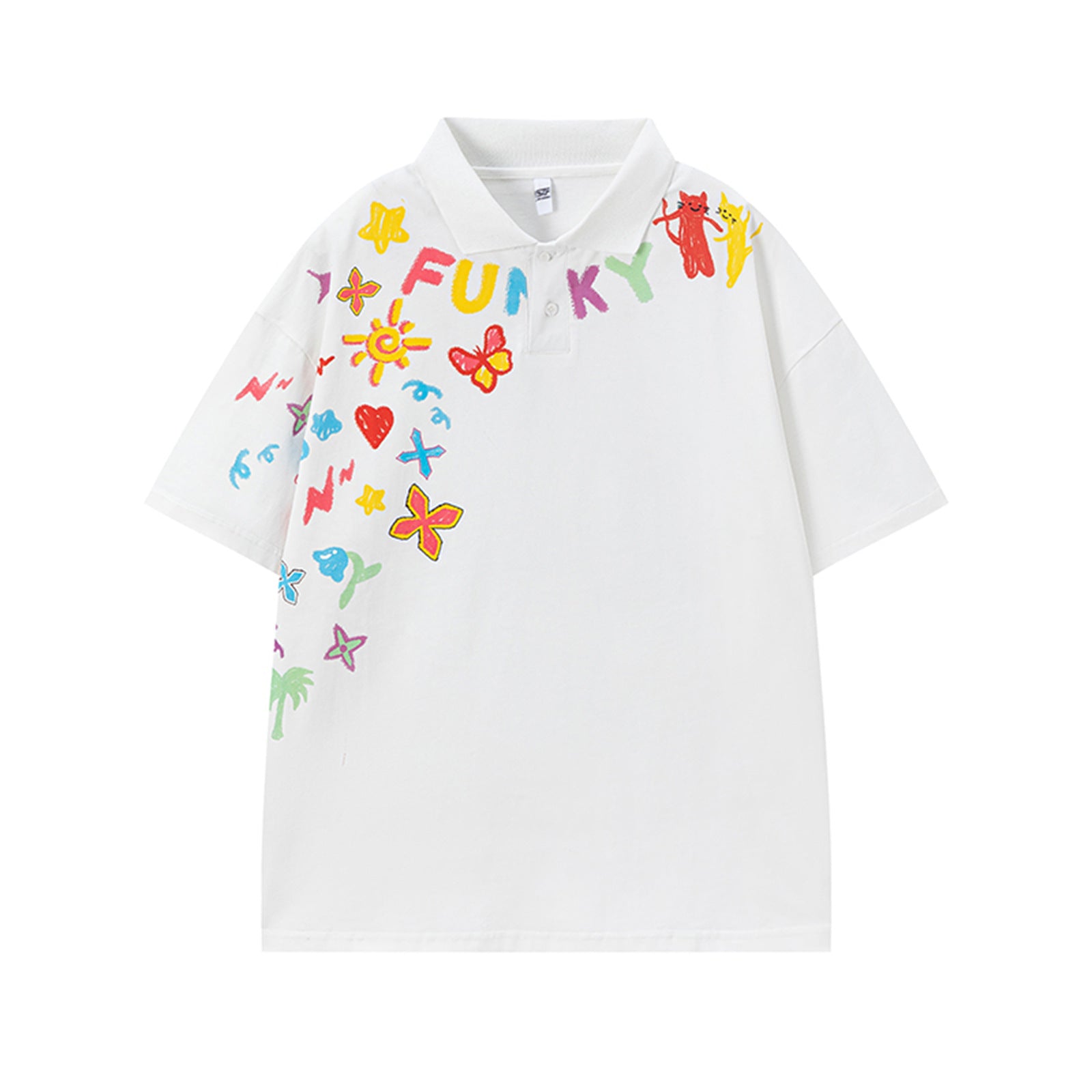 White unisex cartoon graffiti print short with turn-down collar, Y2K streetwear style lifestyle shot | TeenStylo