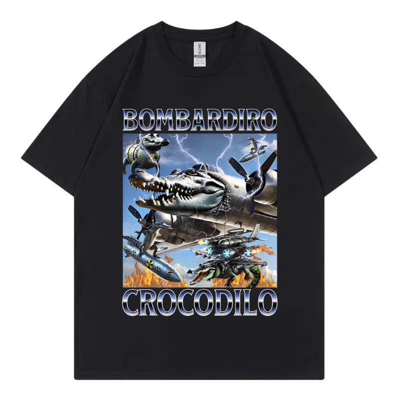 Unisex Bombardiro Crocodilo Plane Bomber graphic tee lifestyle shot in qzq5 – streetwear style at TeenStylo