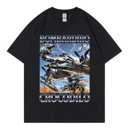Unisex Bombardiro Crocodilo Plane Bomber graphic tee lifestyle shot streetwear style TeenStylo