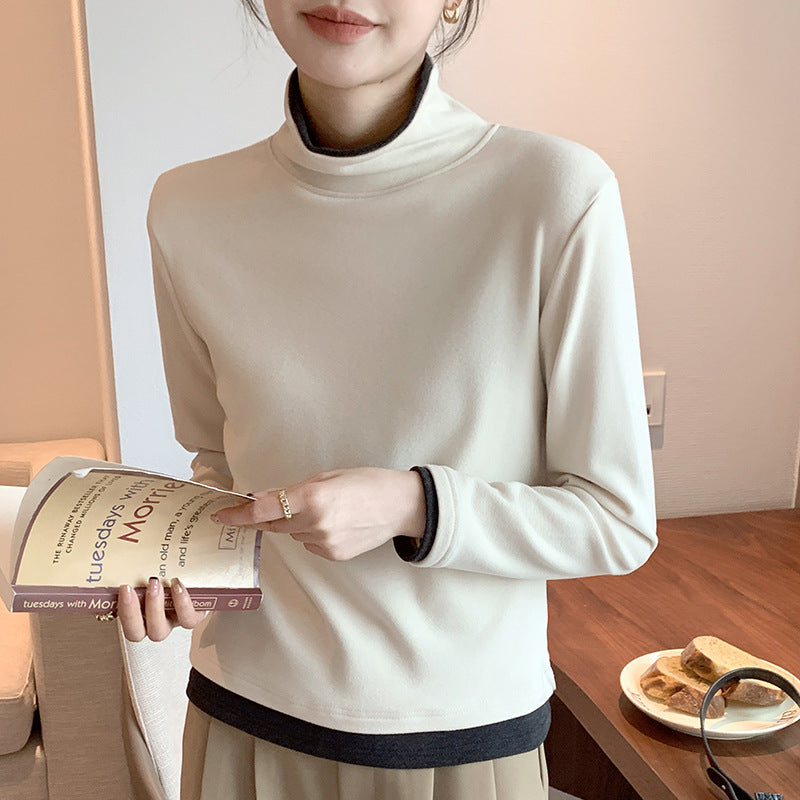 Beige high neck long sleeve t-shirt styled in a casual lifestyle setting, Y2K streetwear look | TeenStylo