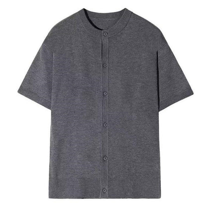 White ice silk knitted short sleeve shirt for men, lightweight summer Y2K streetwear front view | TeenStylo