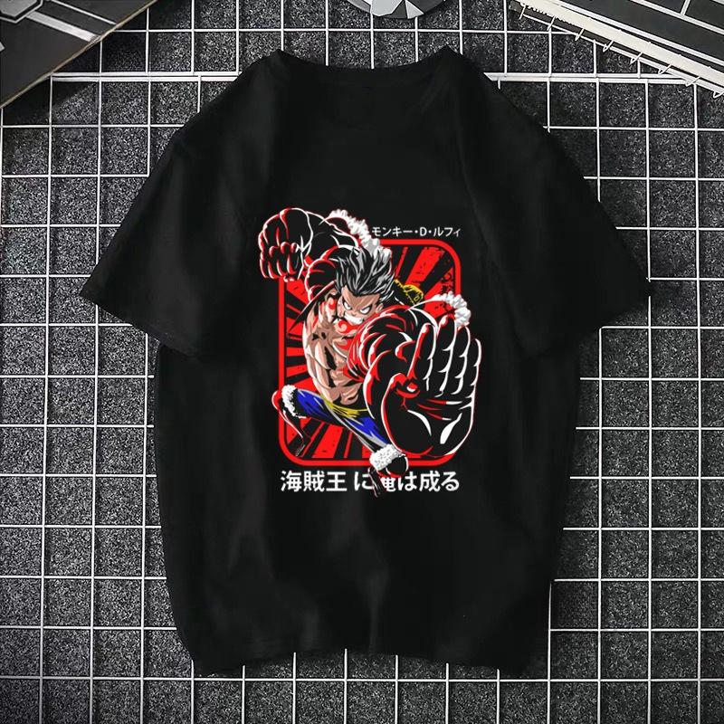 Lifestyle shot of ONE PIECE Pirate King Luffy black unisex printed streetwear tee TeenStylo
