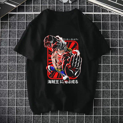 Lifestyle shot of ONE PIECE Pirate King Luffy black unisex printed streetwear tee TeenStylo