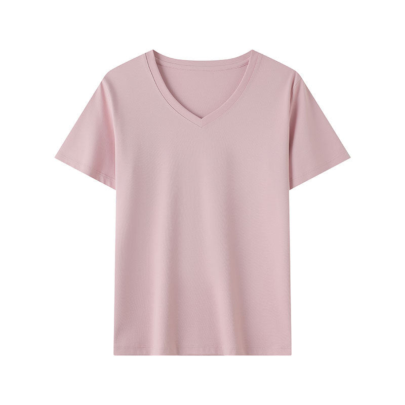 Pink women's V-neck short sleeve t-shirt lifestyle shot, Y2K streetwear style | TeenStylo
