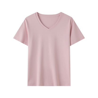 Pink women's V-neck short sleeve t-shirt lifestyle shot, Y2K streetwear style | TeenStylo