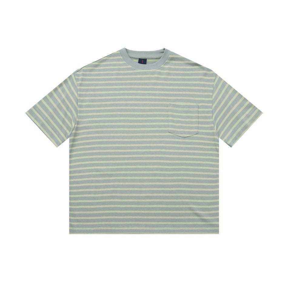 Men's gray-green striped college style loose fit short sleeve t-shirt front view – TeenStylo