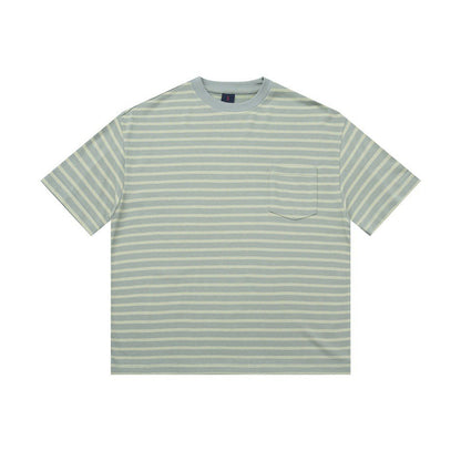 Men's gray-green striped college style loose fit short sleeve t-shirt front view – TeenStylo