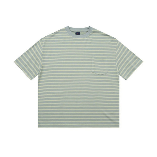 Men's gray-green striped college style loose fit short sleeve t-shirt front view – TeenStylo
