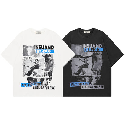 White unisex portrait letter print short sleeve t-shirt lifestyle look, Y2K streetwear style at TeenStylo