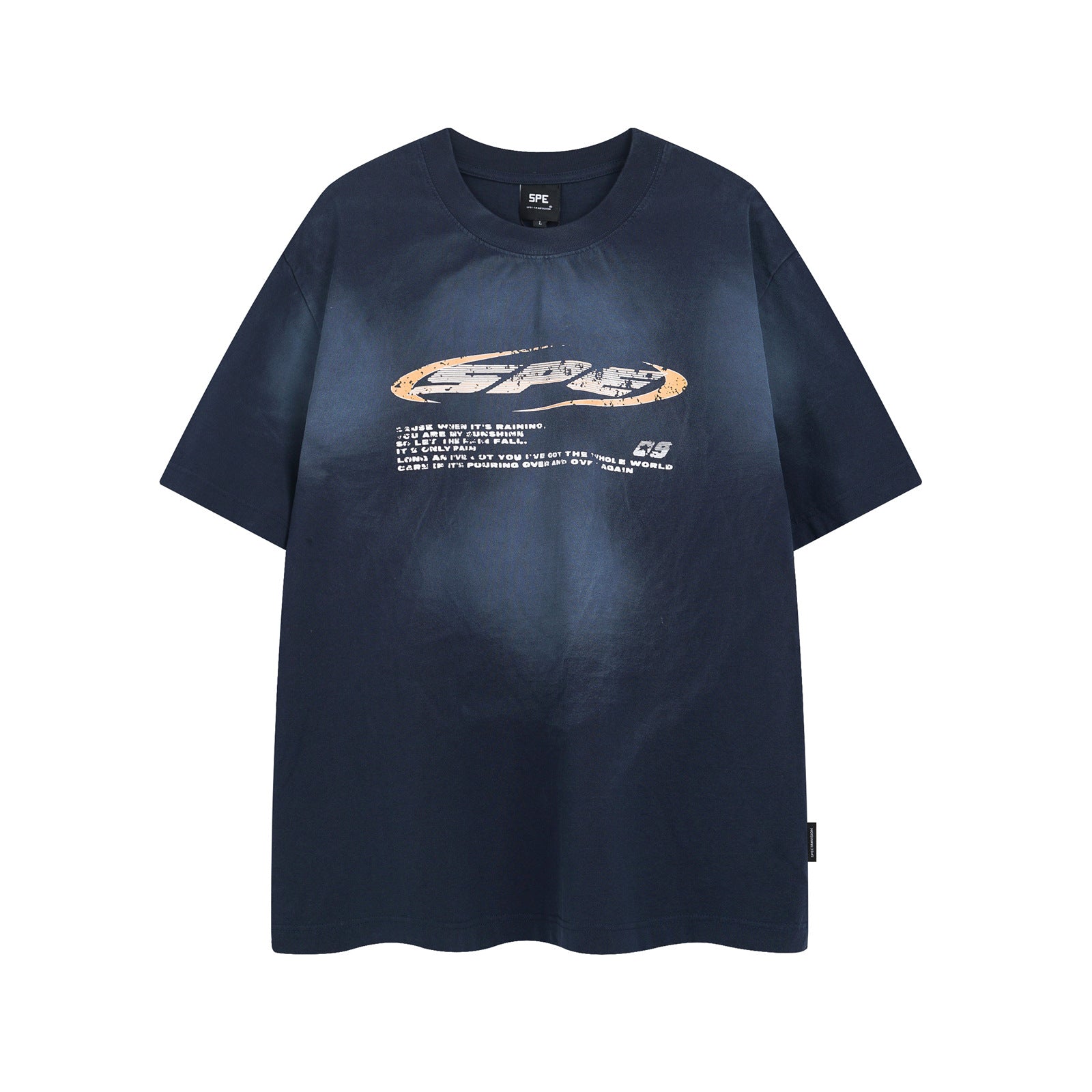 Navy blue unisex streetwear crew neck short with unique letter print design - TeenStylo