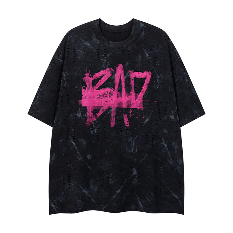 Black unisex distressed letter print short sleeve streetwear tee lifestyle shot | TeenStylo