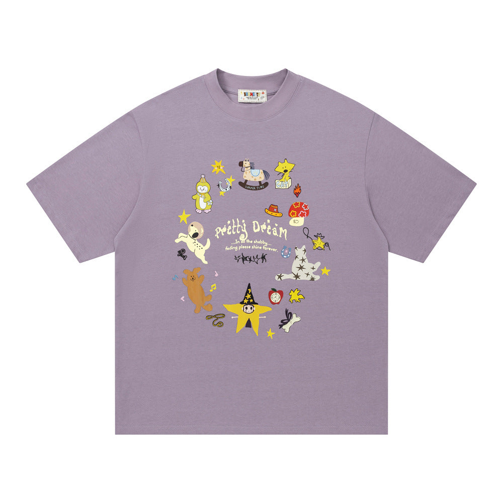 Men's purple printed short sleeve T-shirt streetwear style lifestyle shot - TeenStylo