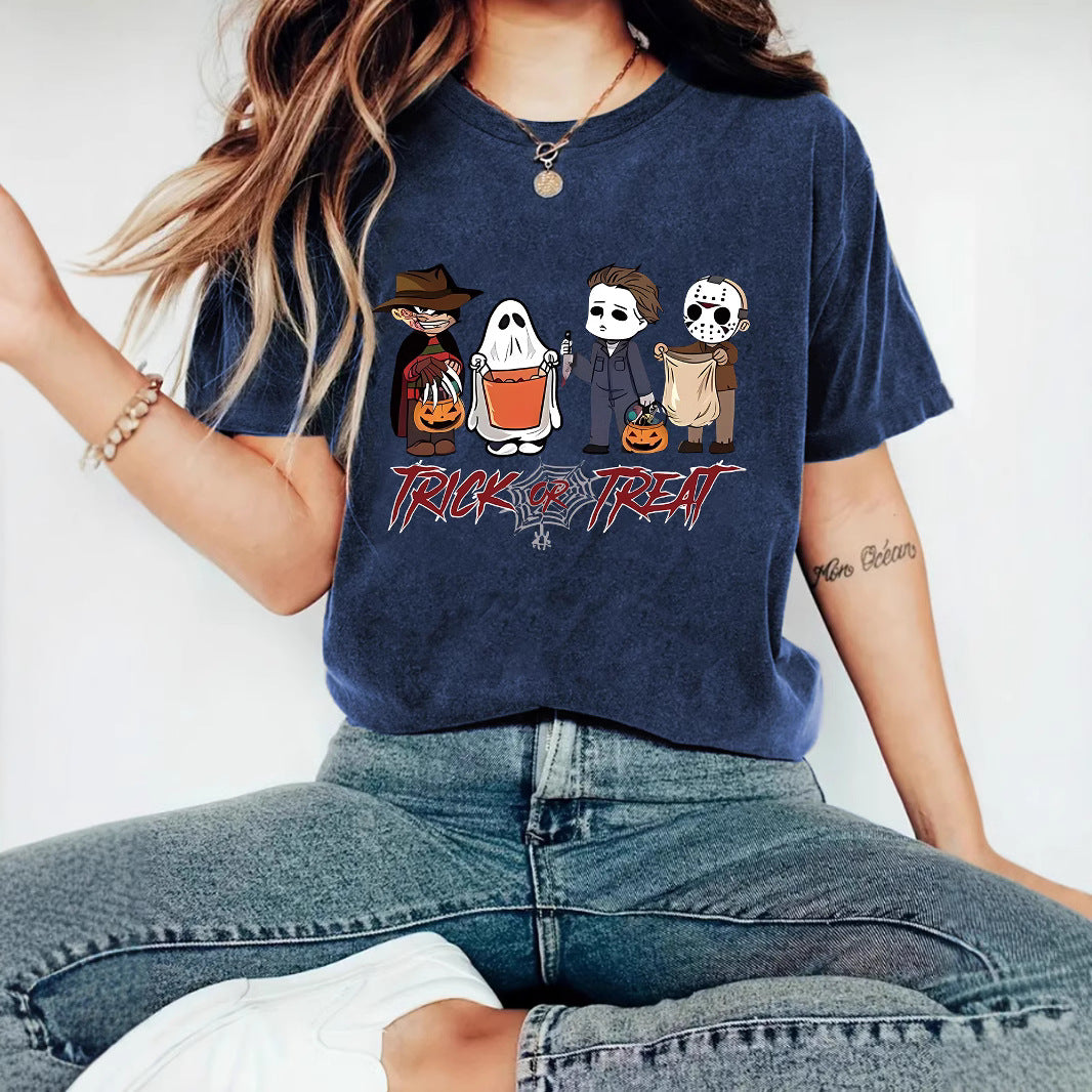 Dark red funny character print short sleeve T-shirt styled lifestyle shot, Y2K streetwear fashion | TeenStylo