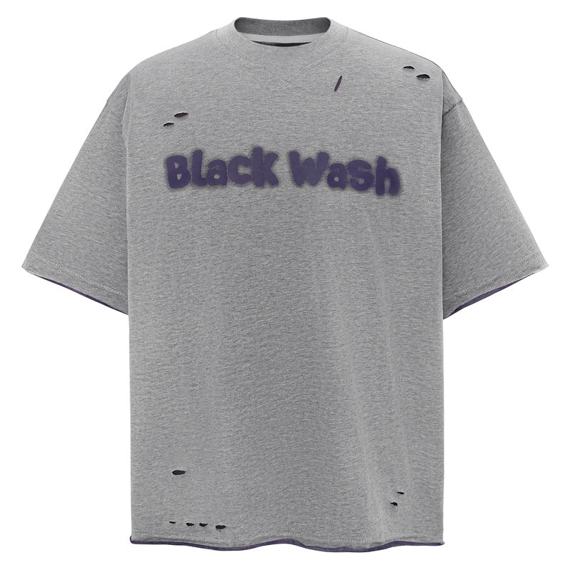 Flower gray letter print ripped cotton t-shirt styled in urban streetwear look for teens at TeenStylo