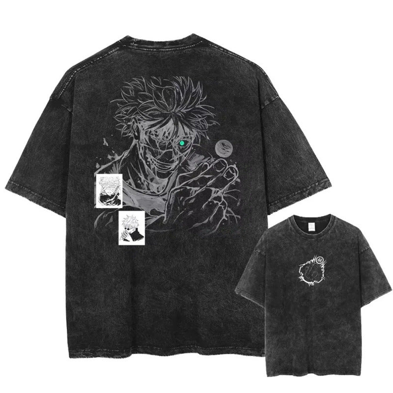 Unisex vintage washed anime print cotton t-shirt lifestyle shot in color 2 - Y2K streetwear style | TeenStylo