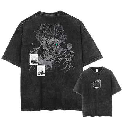 Unisex vintage washed anime print cotton t-shirt lifestyle shot in color 2 - Y2K streetwear style | TeenStylo