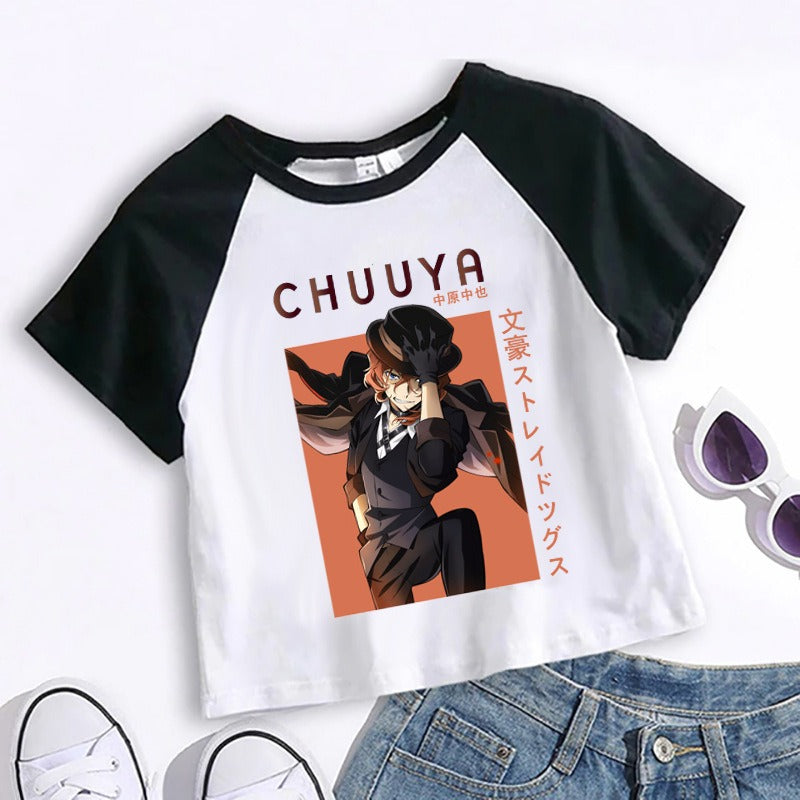 White unisex Bungou Stray Dogs Chuuya anime crop top cartoon t-shirt front view TeenStylo