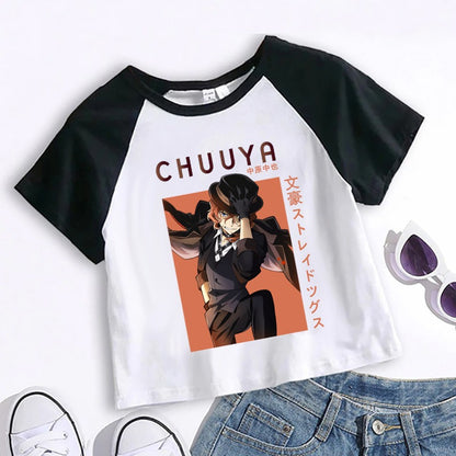 White unisex Bungou Stray Dogs Chuuya anime crop top cartoon t-shirt front view TeenStylo