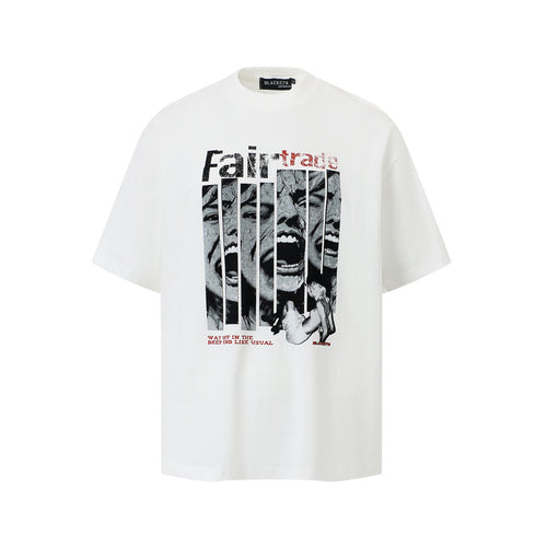 White men's funny character print short sleeve hip hop streetwear t-shirt front view | TeenStylo