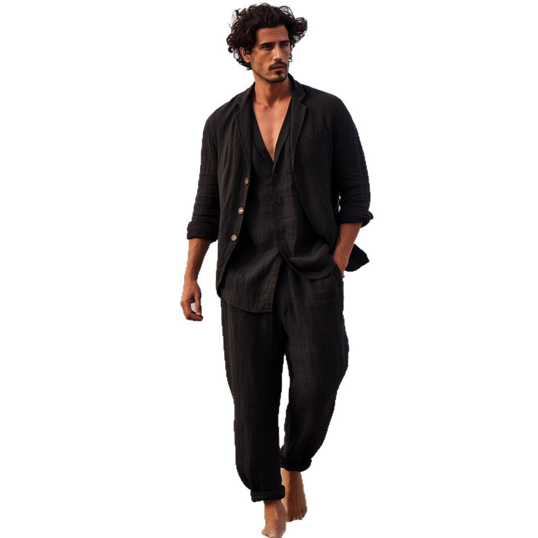 Black casual men's loose shirt and long pants two-piece set streetwear lifestyle look | TeenStylo