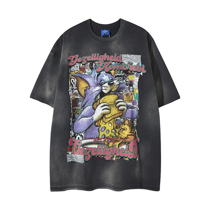 Black unisex street washed cartoon letter print round neck short sleeve tee lifestyle shot TeenStylo