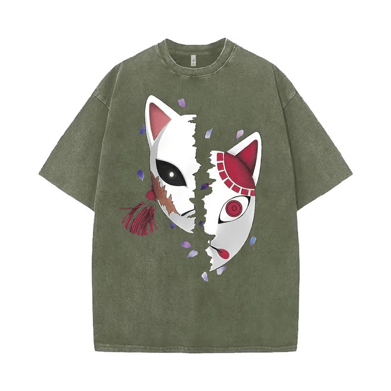 Person wearing anime mask print unisex streetwear tee in lifestyle setting - Y2K Harajuku casual style at TeenStylo
