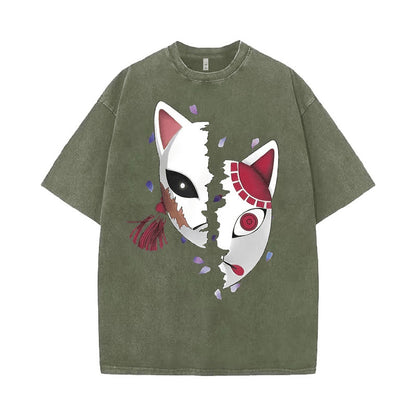 Person wearing anime mask print unisex streetwear tee in lifestyle setting - Y2K Harajuku casual style at TeenStylo