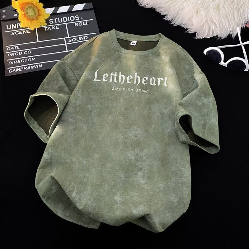 Men's green tie-dye short sleeve t-shirt lifestyle shot, Y2K streetwear style - TeenStylo