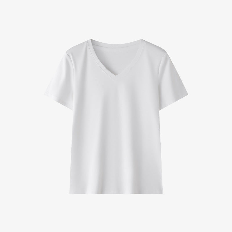 White women's V-neck short sleeve t-shirt back view – casual unisex streetwear style | TeenStylo
