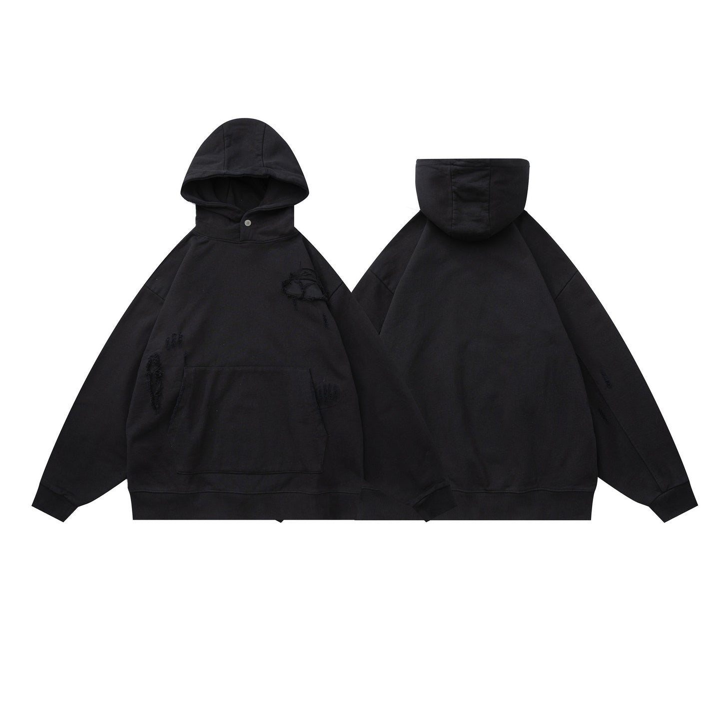 Black oversized hoodie patchwork detail close-up stitching texture streetwear gothic style TeenStylo