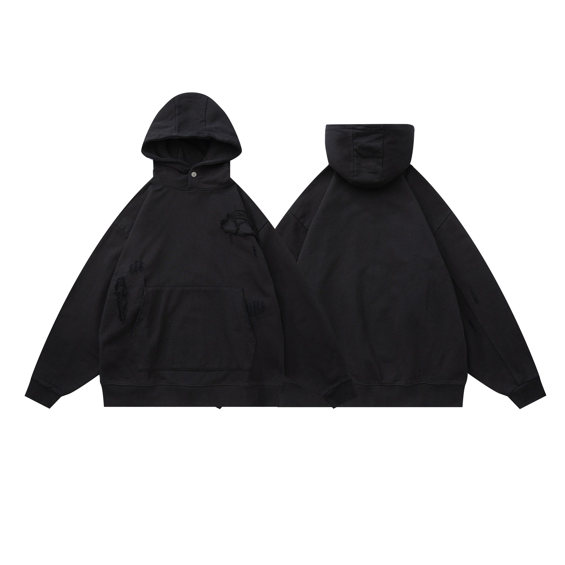 Black oversized hoodie patchwork detail close-up stitching texture streetwear gothic style TeenStylo