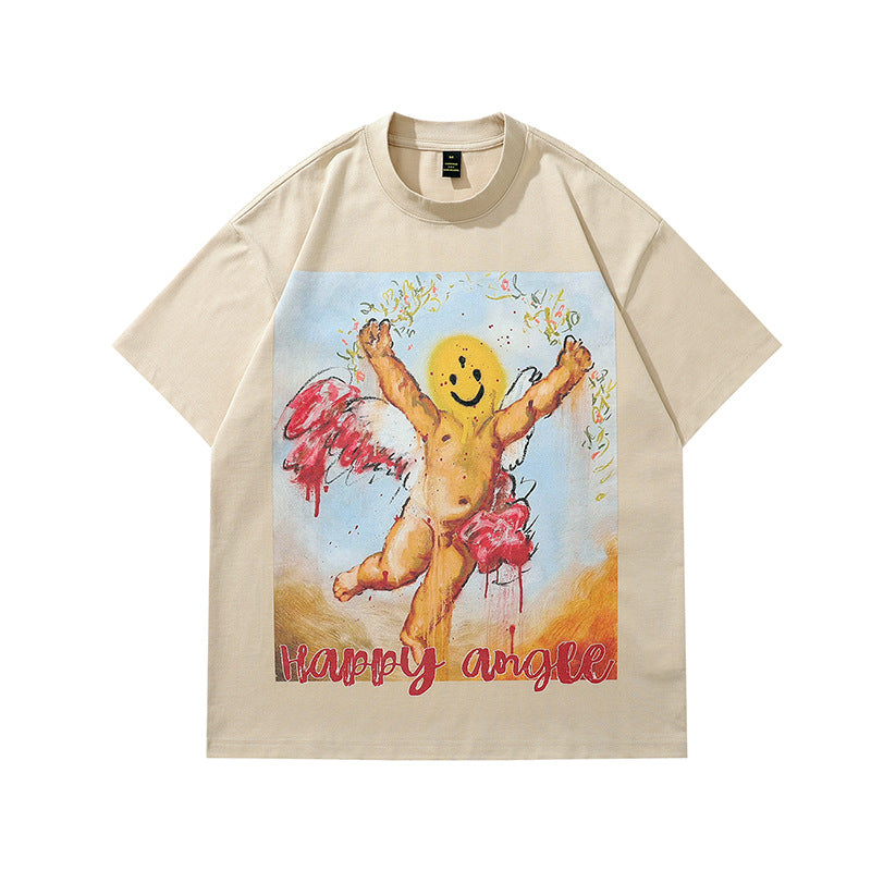 Men's sand color cartoon print loose short sleeve couple tee lifestyle shot - TeenStylo