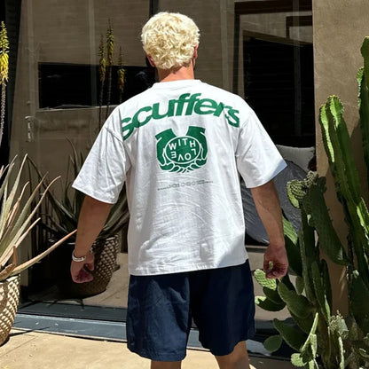 Unisex lifestyle shot of South America Indy printed scuffers graphic tee streetwear style color 4 TeenStylo