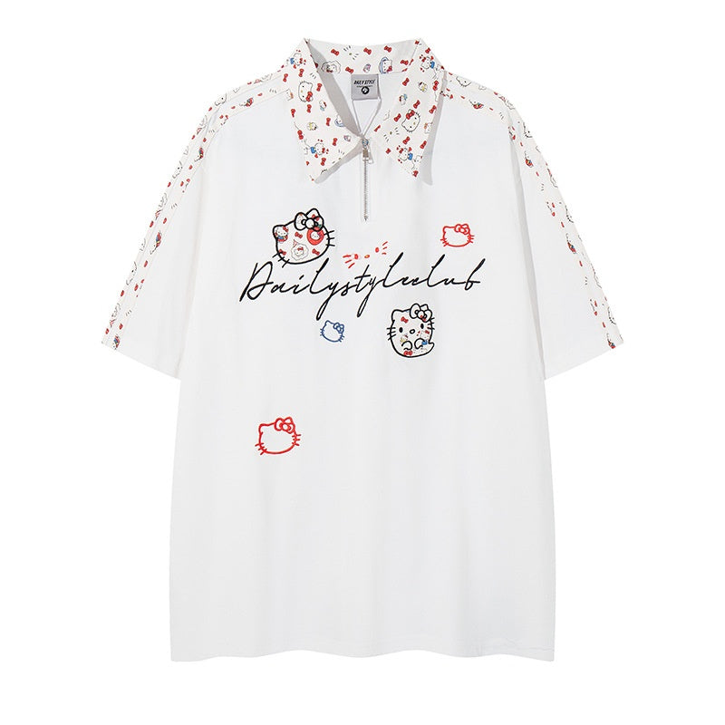 Black cartoon embroidery pure cotton notched collar short back view for boys - TeenStylo