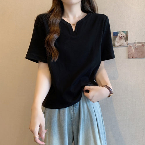 White V-Neck Short Sleeve T-Shirt Women Summer Streetwear Front View TeenStylo