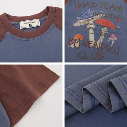 Longstone Blue retro color block mushroom print short styled in Y2K streetwear aesthetic TeenStylo