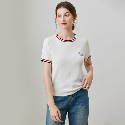 Dark blue loose embroidered short sleeve shirt back view for women - TeenStylo