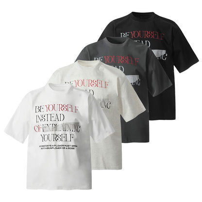 White alphabet print streetwear t-shirt worn in urban lifestyle setting, unisex INS street fashion at TeenStylo