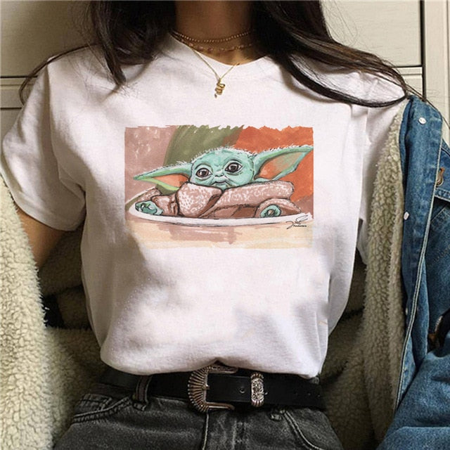 Unisex Baby Yoda Mandalorian Harajuku graphic tee in color 3106, detail view, Y2K streetwear style – TeenStylo