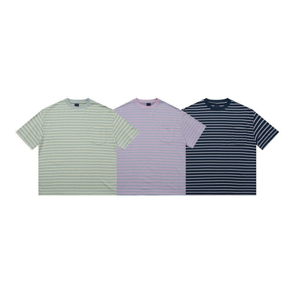 Blue striped men's loose fit college style stripe t-shirt lifestyle shot - streetwear fashion at TeenStylo