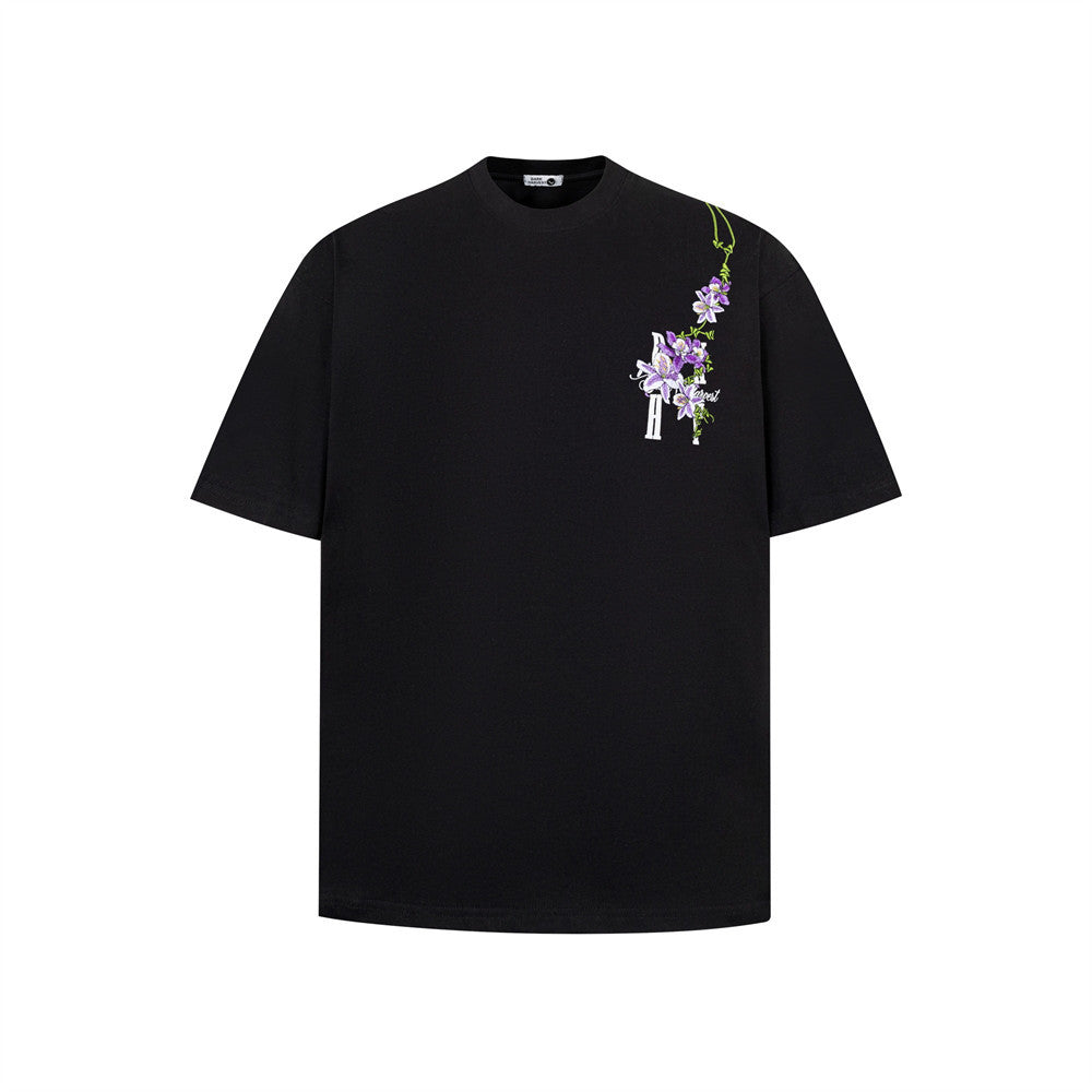 Black vine flower embroidery letter short sleeve t-shirt lifestyle look for men | TeenStylo
